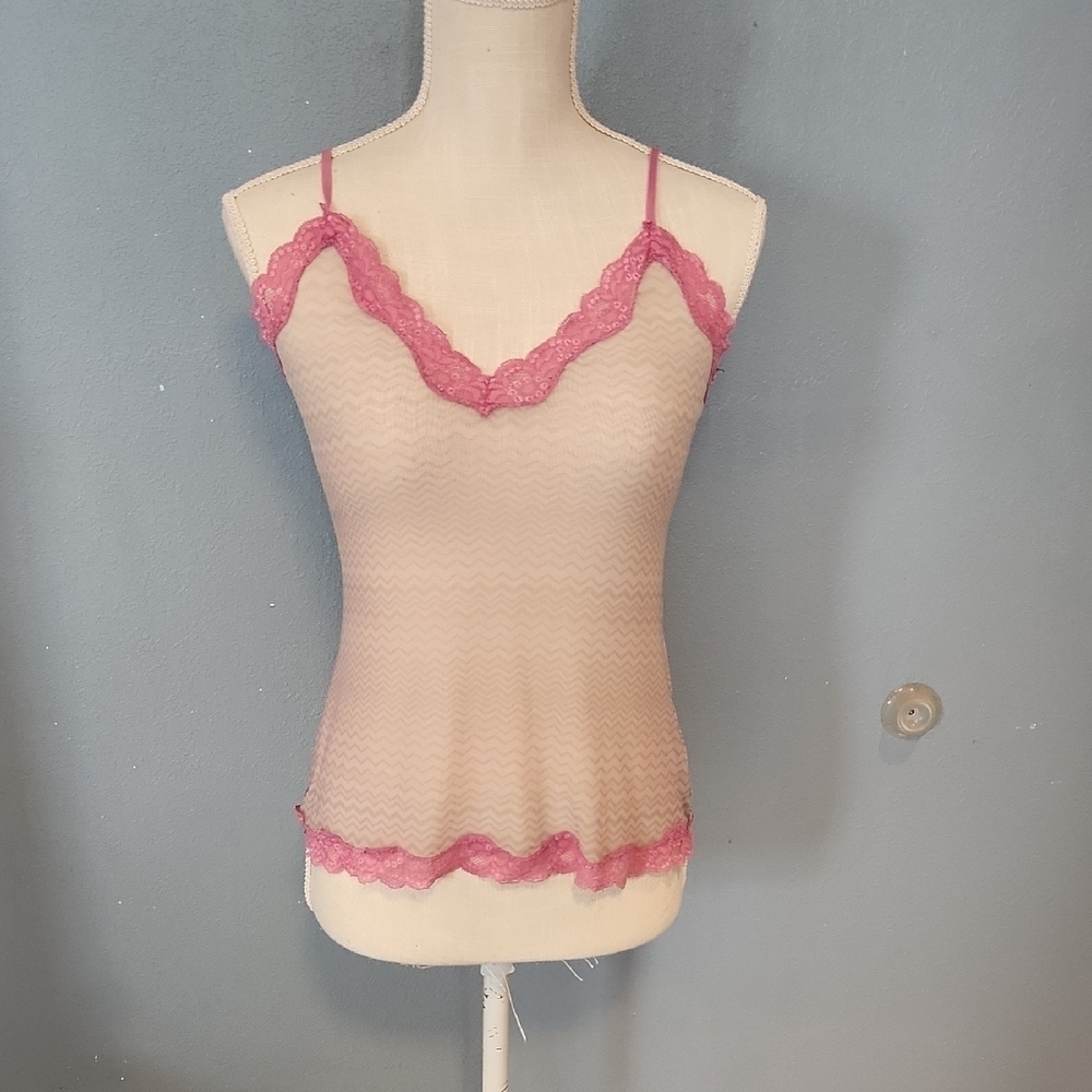 Vintage Y2K Express Chevron Sheer Mesh Floral Scalloped Lace Hem Sexy Nightwear